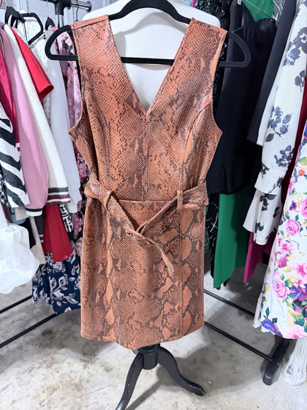 Aqua Sleeveless V-Neck belted Faux-Snakeskin Dress in Brown and Tan